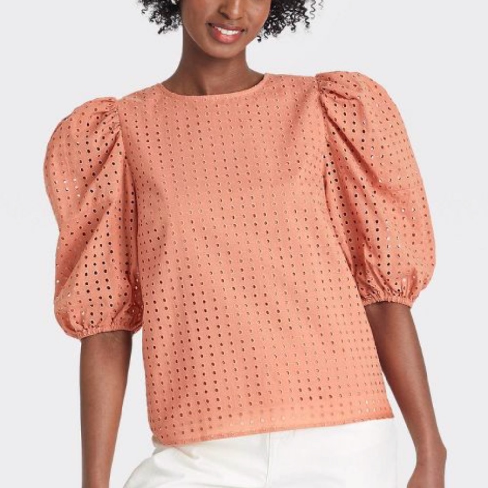 5 for $15 🌸 A NEW DAY | Short Puff Sleeve Eyelet Top in Blush
